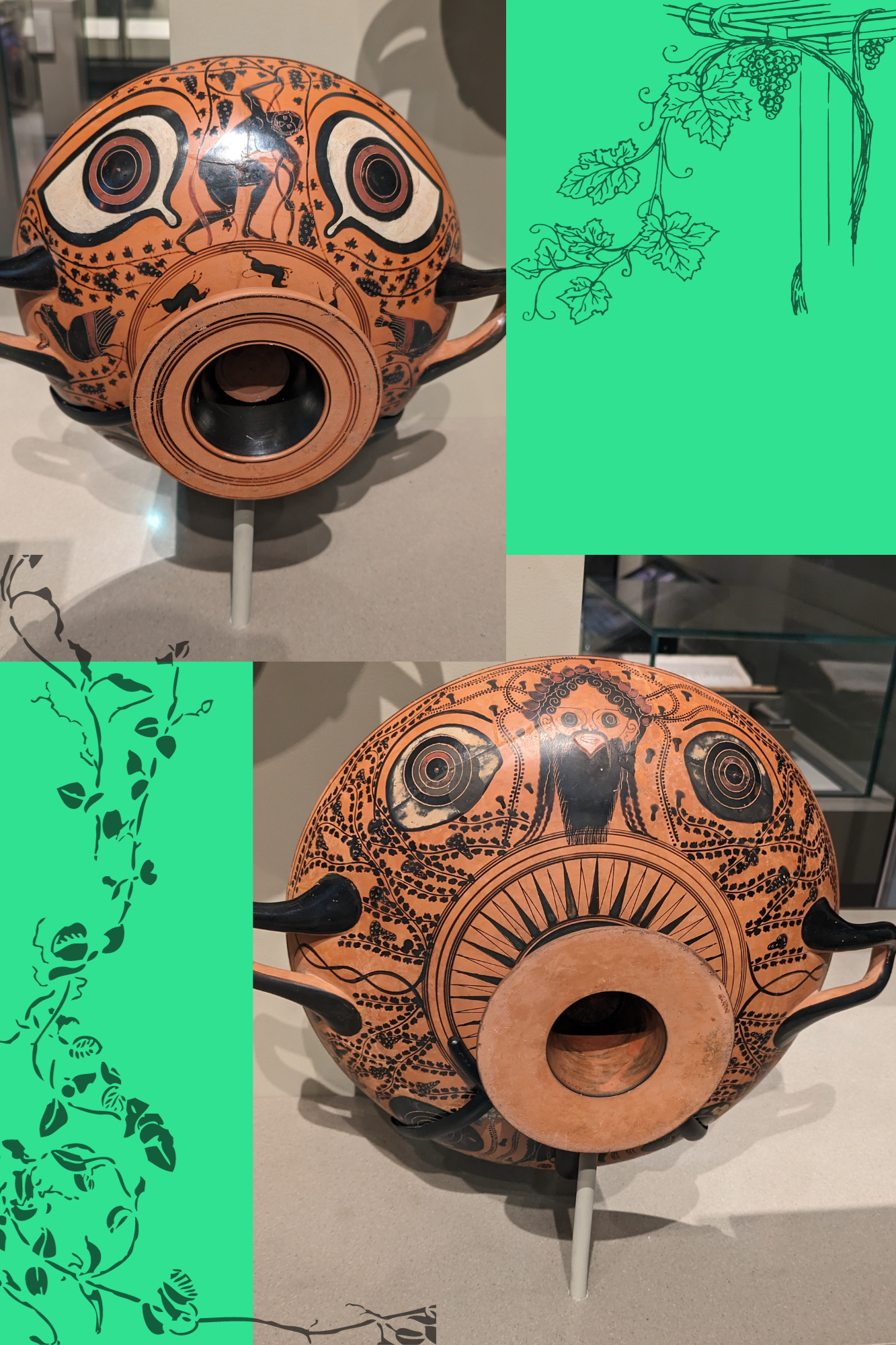 A collage of two drinking vessels upturned to reveal large eyes painted onto them. One vessel depicts a figure dancing madly, surrounded by grape vines; the other depicts an equally mad looking Dionysus.
