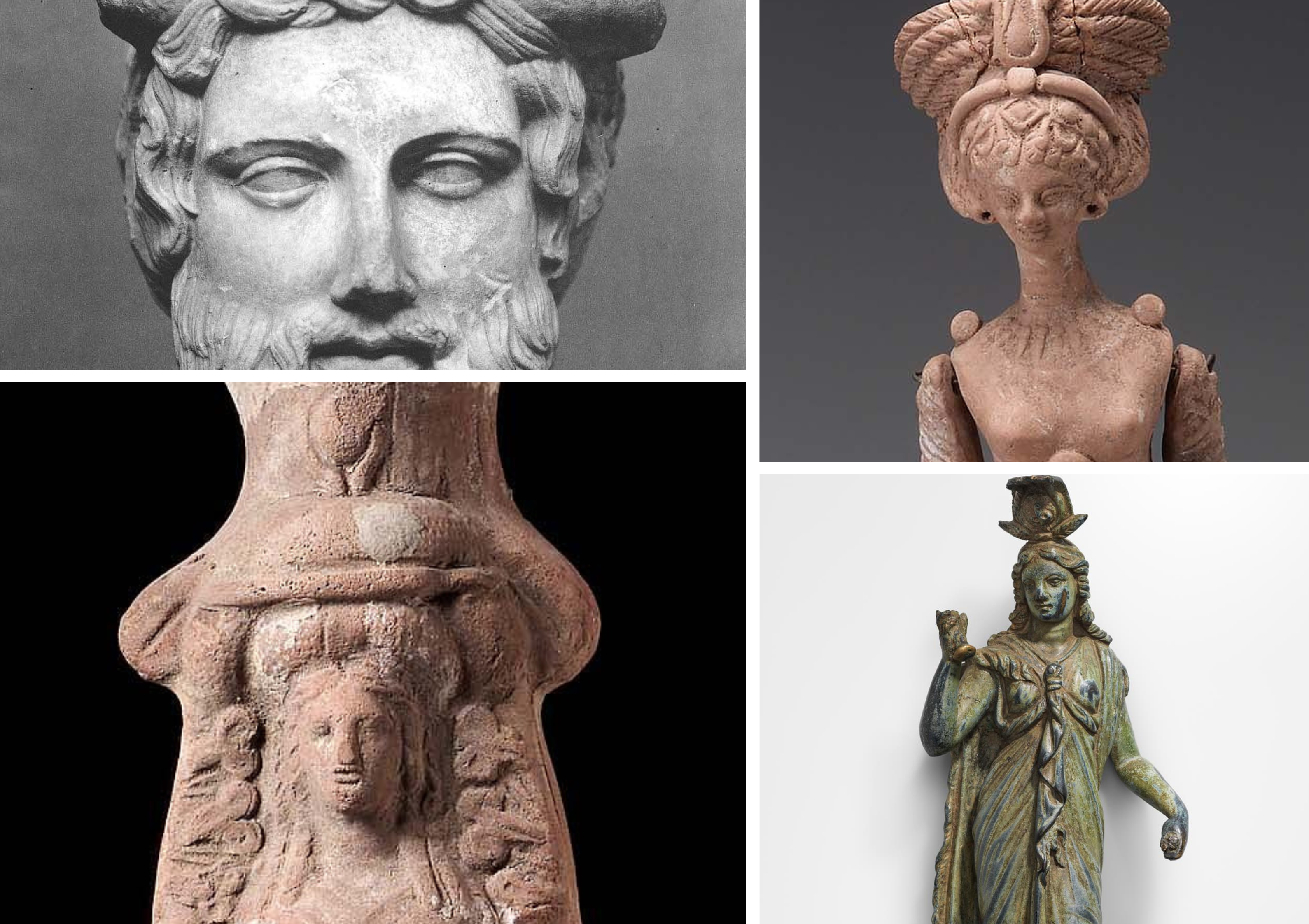 A collage of the articulated Aphrodite, Zeus-Ammon bust, Isis statuette, and Isis-Aphrodite figure.